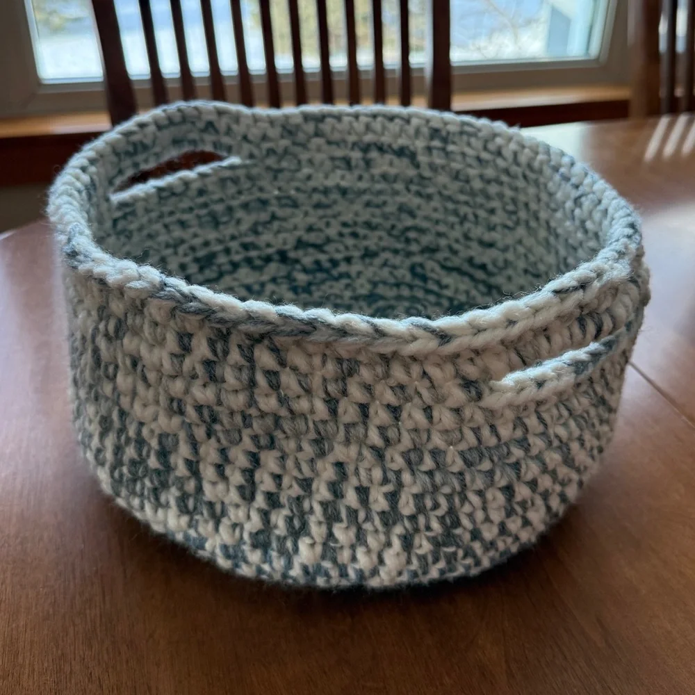 Handmade Crochet Basket With Handles. Cream and Gray. Stable structure.